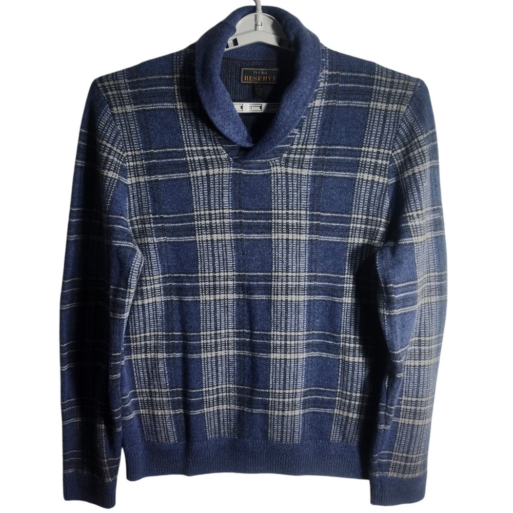 Jos A Bank Reserve Mens Plaid Shawl Collar Knit‎ Sweater Wool Cashmere Blend L